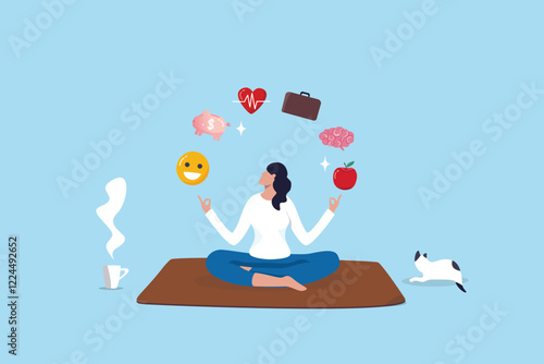 Wellness, lifestyle wellbeing, relaxation to balance happiness, mindfulness mental health, vitality or zen-like health nutrition, meditation concept, calmness woman meditate health wellness elements.