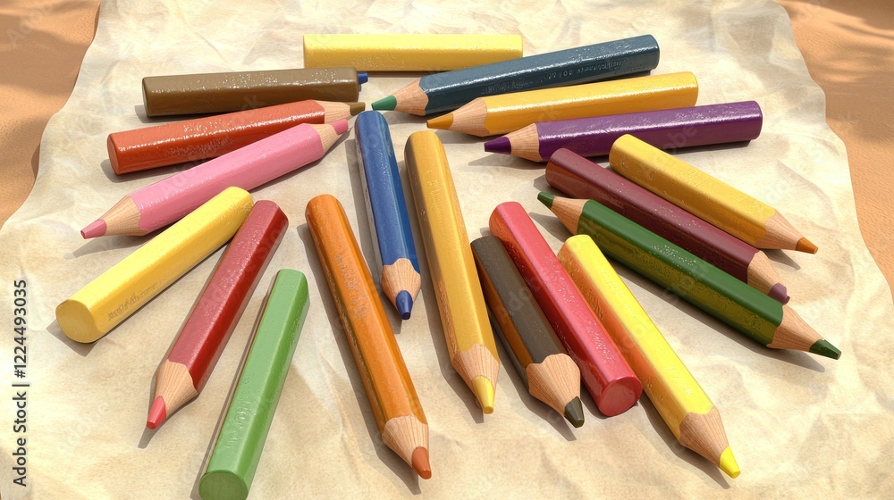 Colorful pencils scattered on parchment, sunlit background, art supplies Colorful pencils scattered on parchment, sunlit background, art supplies