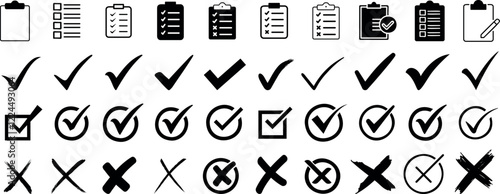 Checklist vector icon set, checkmarks, cross symbols, and clipboard designs vector style. Perfect for task management, to do lists, forms, and productivity related projects