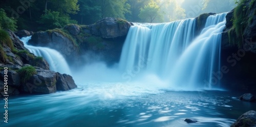Softly lit waterfalls in a gradient of blues and whites, subtle, blue, calming