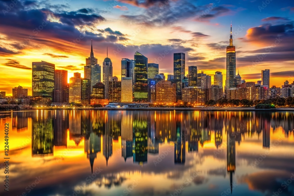 Fototapeta premium City Skyline Dusk - Skyscrapers Reflecting Sunset Glow & City Lights