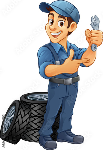 A tyre or tire cartoon car maintenance service mechanic mascot cartoon character man