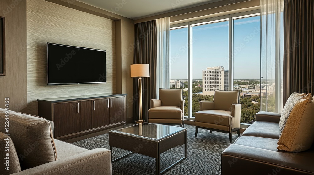 Fototapeta premium Modern hotel living area with a spacious design and a city view from the large windows