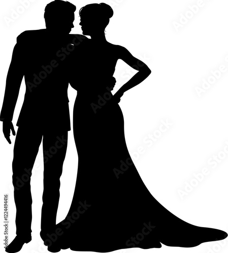 Bride and groom couple silhouettes. Woman in a bridal wedding dress
