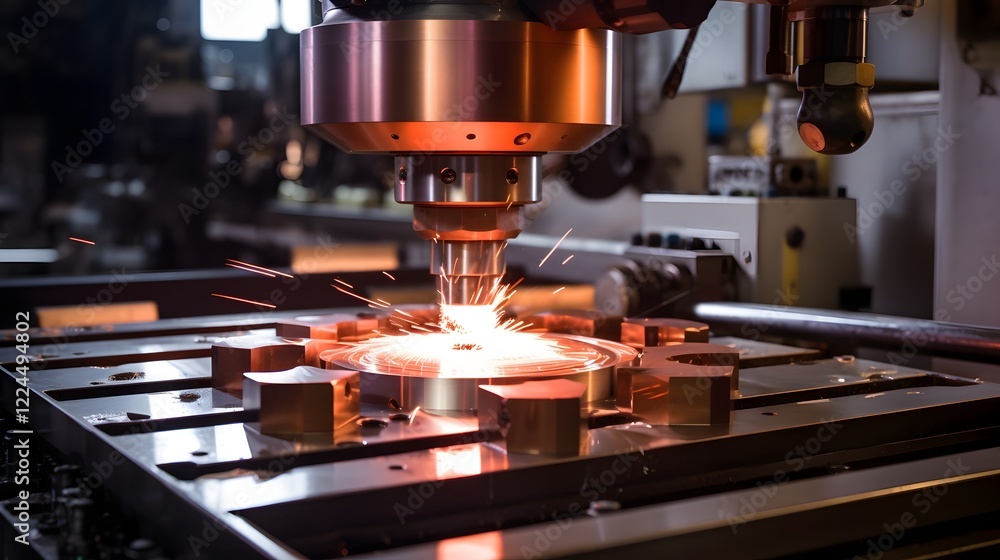 Precision metal forming process using a large industrial hydraulic press machine in a modern manufacturing facility or factory Precision metal forming process using a large industrial hydraulic press machine in a modern manufacturing facility or factory