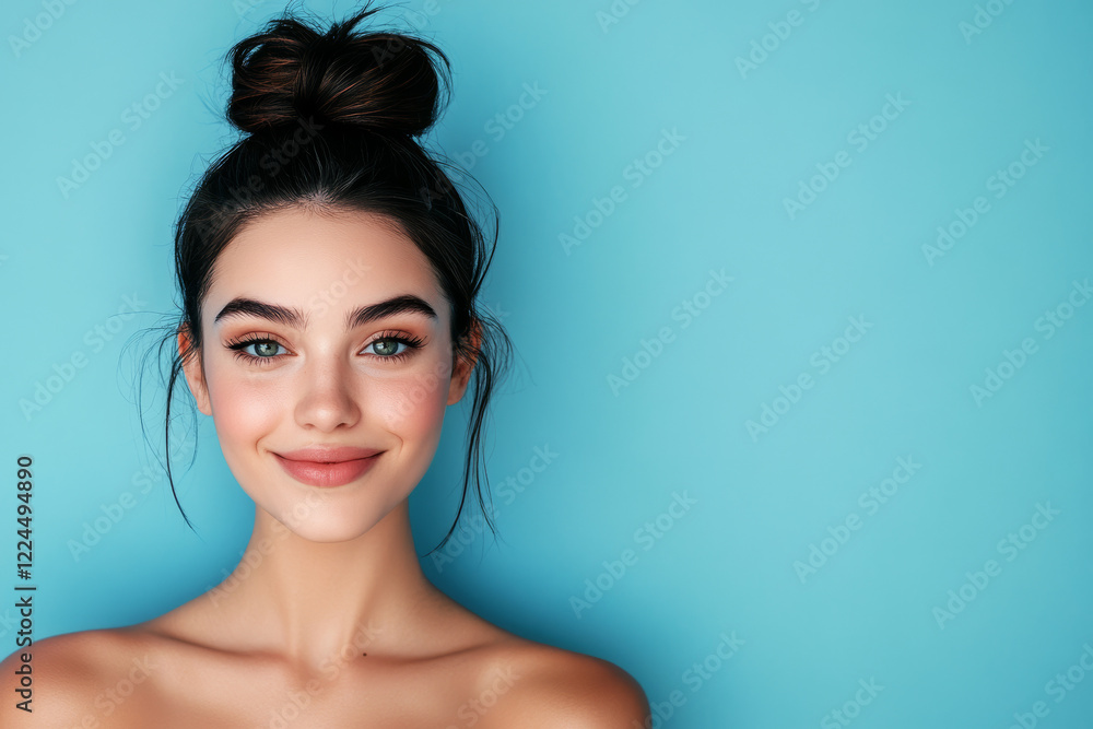 custom made wallpaper toronto digitalPortrait of a smiling young woman with natural makeup and tied hair against a vibrant blue background, ideal for lifestyle, wellness, and beauty concepts, suitable for advertising, social media