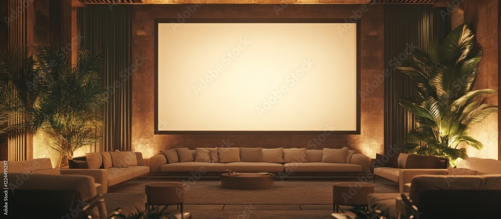 Contemporary lounge area featuring a large blank screen surrounded by sofas and tropical plants Contemporary lounge area featuring a large blank screen surrounded by sofas and tropical plants