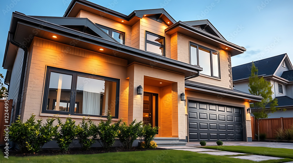 Fototapeta premium Luxury Modern Home Exterior at Dusk: Brick Facade, Contemporary Design, Landscaping