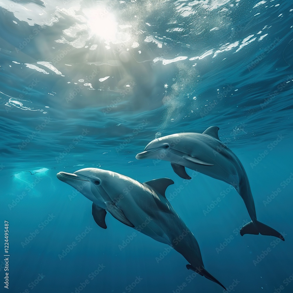 Dolphins swimming ocean sun rays underwater wildlife