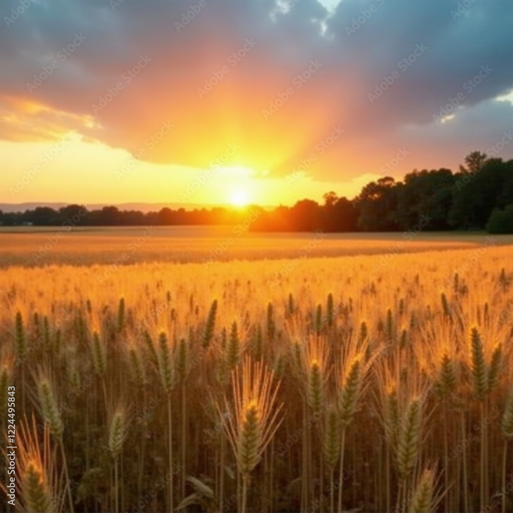 Softly lit wheat fields at sunset create a sense of tranquility, landscape, soft light, agriculture