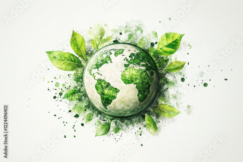 Green earth with leaves and watercolors blending seamlessly, creating a vibrant and harmonious natural composition.