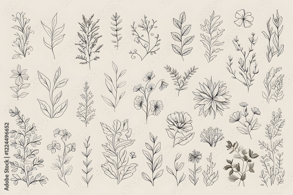 Delicate botanical illustrations, hand-drawn floral elements Delicate botanical illustrations, hand-drawn floral elements