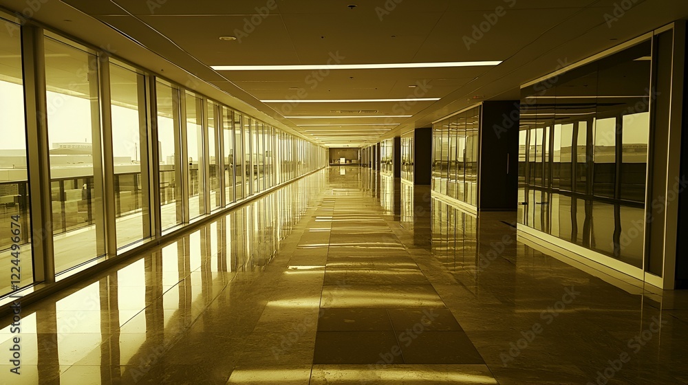 Fototapeta premium Golden-lit office hallway, city view, sunlight, reflection, modern architecture, corporate workspace