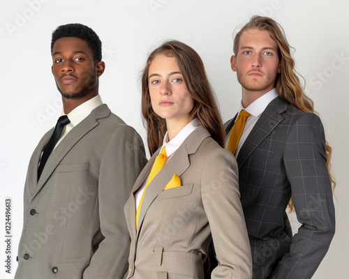 Three interviewees in business attire standing confidently against a white background, prepared for evaluation photo