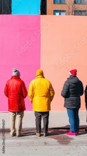 Street artist creates colorful mural while spectators admire the vibrant artwork on a chilly day. Generative AI