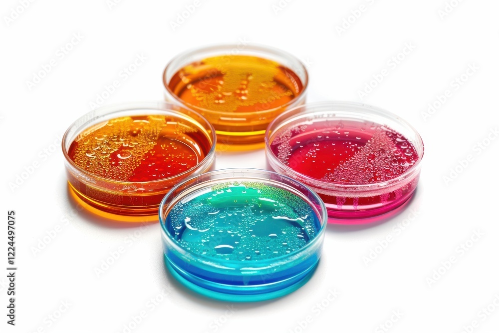 Colorful petri dishes filled with vibrant liquids arranged artistically on a white background isolated on transparent background Colorful petri dishes filled with vibrant liquids arranged artistically on a white background isolated on transparent background