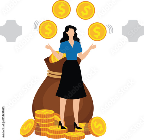 Business experience and skill training, challenging difficulties and risks, juggling gold coins between the two hands of a businesswoman