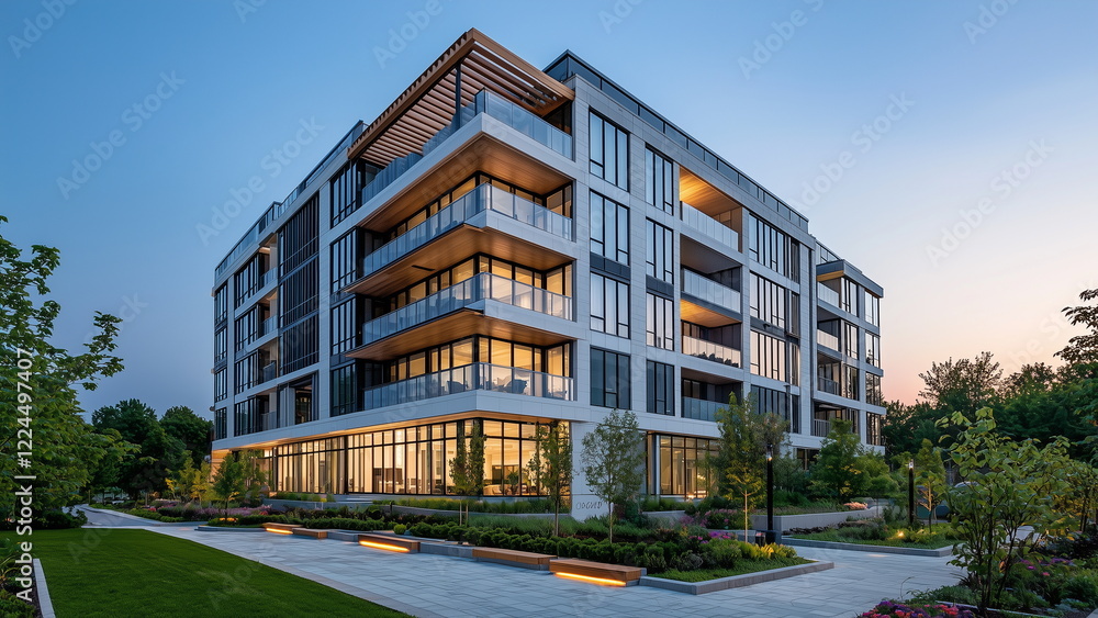 Exterior design of a five-storey modern and luxury residential apartment buildings with glass windows, with modern green landscape design Exterior design of a five-storey modern and luxury residential apartment buildings with glass windows, with modern green landscape design