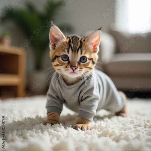 A cute little red kitten in a sports uniform does exercises on the floor of the room on the carpet, on a blurred background sofa and furniture