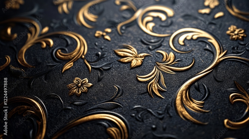 Luxurious business card wallpaper with embossed golden patterns on a textured matte black surface 