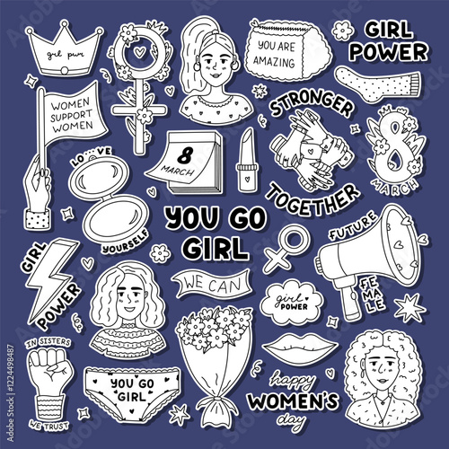 Outline feminist sticker set for International Womens Day for planners, notebooks, diary. Ready for print list of cute stickers with line doodle of female character, calendar, motivational lettering.