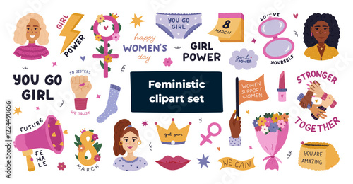 Big cartoon Girl Power set for sisterhood, gender equality, women community, self respect. Hand drawn colourful collection with female positive clipart, lettering about diversity, motivational slogan.