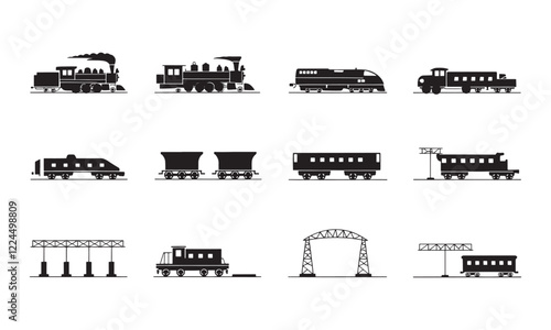 Black Silhouette Trains, Railcars, and Railway Elements Collection