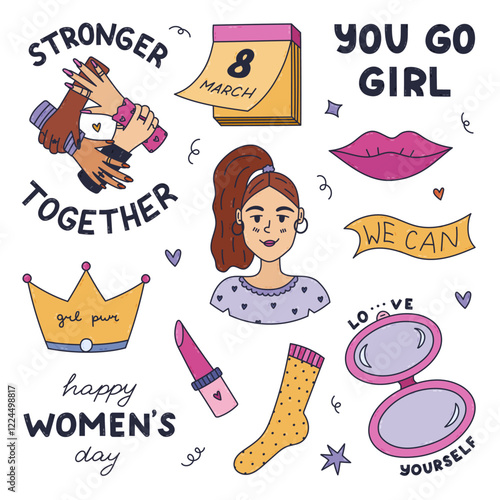 Trendy colorful doodle feminist symbols with fist up, girl portrait, lips, queen crown, funny hand drawn typography. Cute women right, diversity collection for holiday at 8 of March isolated on white.