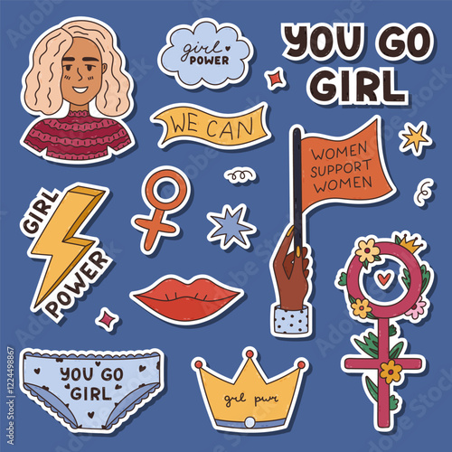 Lovely colorful doodle feminist, girl power sticker set for planners, notebooks. Ready for print list of cute stickers with female avatar, lettering of feminism slogans, girlish line doodle.