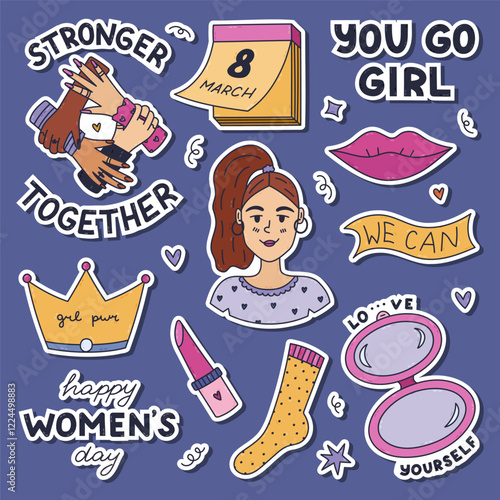 Trendy colored doodle feminist sticker set for planners, notebooks, diary. Ready for print list of lovely women symbols with fist up, lady portrait, lips, princess crown, lovely hand drawn typography.