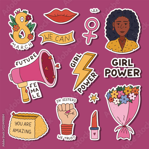 Lovely line cartoon sicker set for International Women Day for planners, notebooks. Ready for print list of feminism positive stickers, hand drawn lady character, girl power lettering.