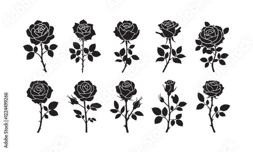 Black Silhouette Rose Flowers in Various Stages of Bloom