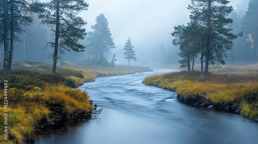 A tranquil river flows through a misty forest, surrounded by lush greenery and soft grasses, creating a serene and picturesque landscape. A tranquil river flows through a misty forest, surrounded by lush greenery and soft grasses, creating a serene and picturesque landscape.
