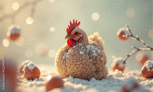 Beige Hen in Snow with Snow-Covered Fruit photo