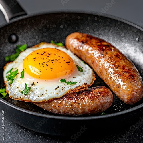 A modern frying pan with a sunny-side-up egg and a slice of sausage sizzling inside. High Quality photo