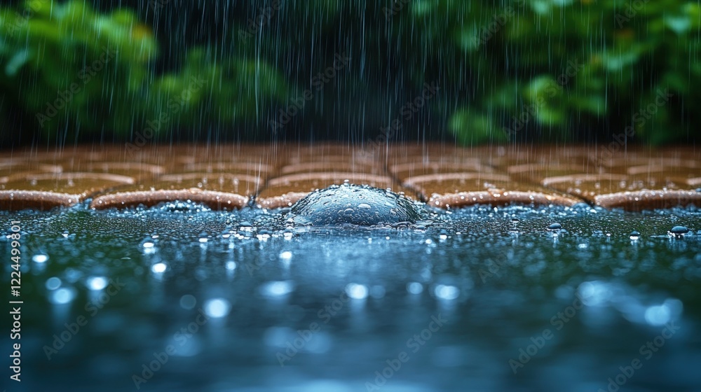 Fototapeta premium Rain falls on stone, puddles forming.