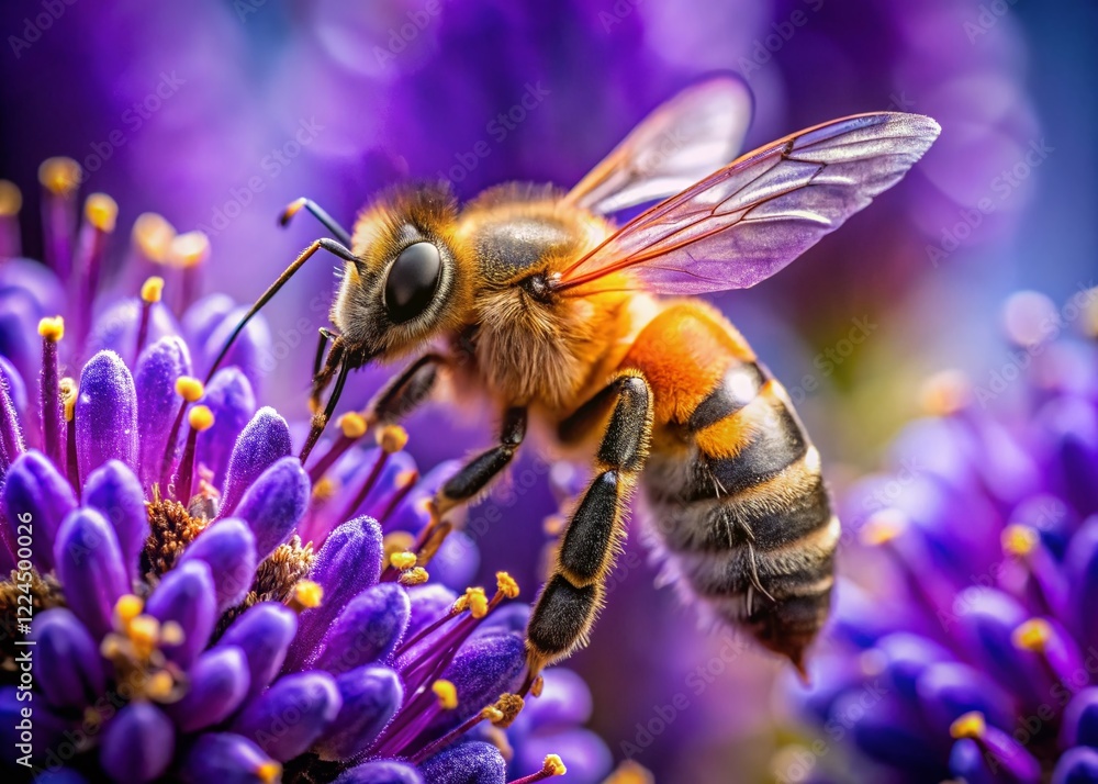 Close-up Bee on Purple Flower, Pollen Collection, Nature Macro Photography Close-up Bee on Purple Flower, Pollen Collection, Nature Macro Photography