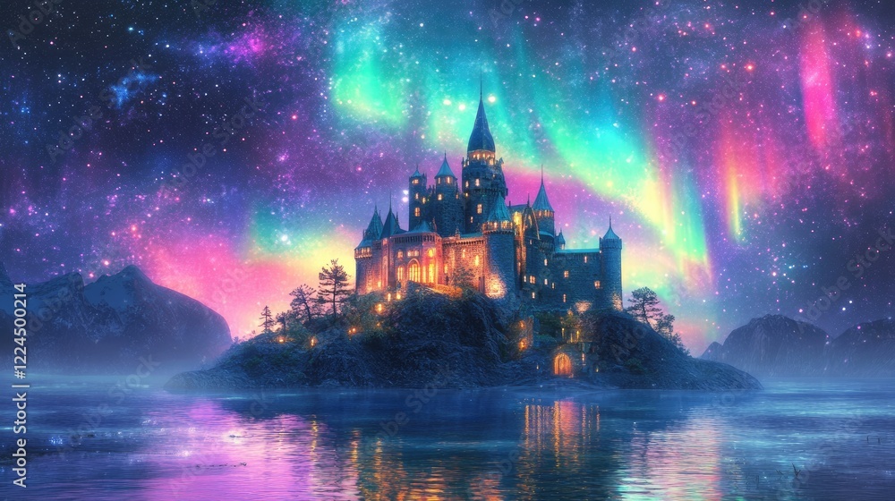 Mystical castle on a serene island, vibrant auroras arching across a starry night sky