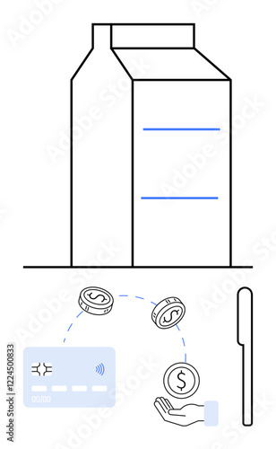 Contactless payment via a credit card, coins falling into a hand, stylus pen, and a building outline. Ideal for finance, technology, banking, e-commerce, shopping transactions digital payments