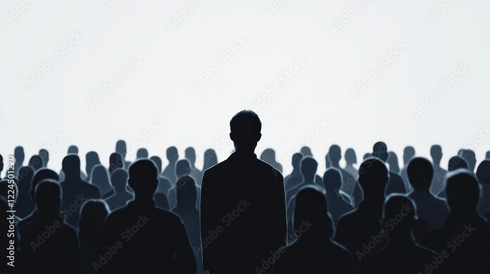 Obraz premium Colorful silhouette pf person standing in monochrome crowd of different people,surreal unique and different concept,loneliness in society,shadow,freedom,Love,be yourself,Stand out from the crowd.