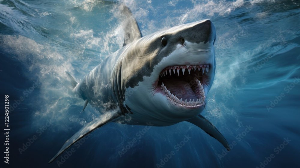 Naklejka premium Great White Shark Launches Out of Water with Mouth Agape