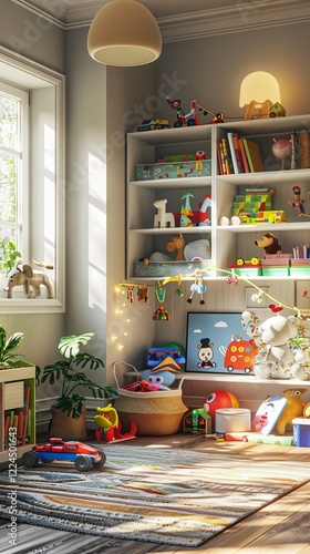 Wallpaper Mural A bright and cheerful child's playroom, bathed in natural sunlight, featuring a colorful array of toys and plush animals scattered around a cozy, striped rug. Torontodigital.ca