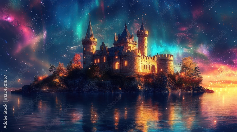 Fototapeta premium Solitary castle on a peaceful island illuminated by colorful auroras and sparkling night stars