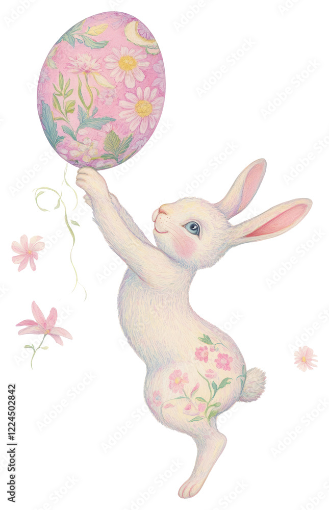 Obraz premium PNG Smiling happy easter bunny with jumping egg balloon animal art.