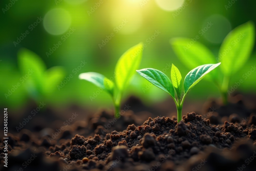 Fototapeta premium Coffee plantlets emerge from rich soil amidst foliage , seedlings, photo