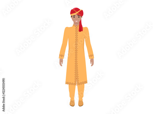 Young man wearing yellow-orange traditional Indian wedding attire and red turban. Ideal for cultural celebrations, weddings, traditional attire, Indian weddings, South Asian fashion themes. Styled