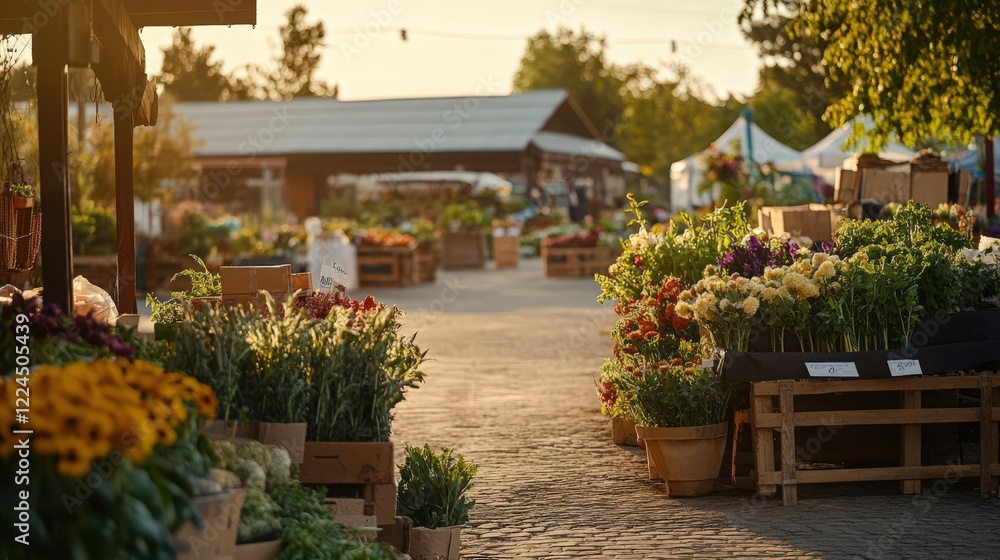Fototapeta premium Outdoor flower market at sunset featuring various potted plants and wooden crates