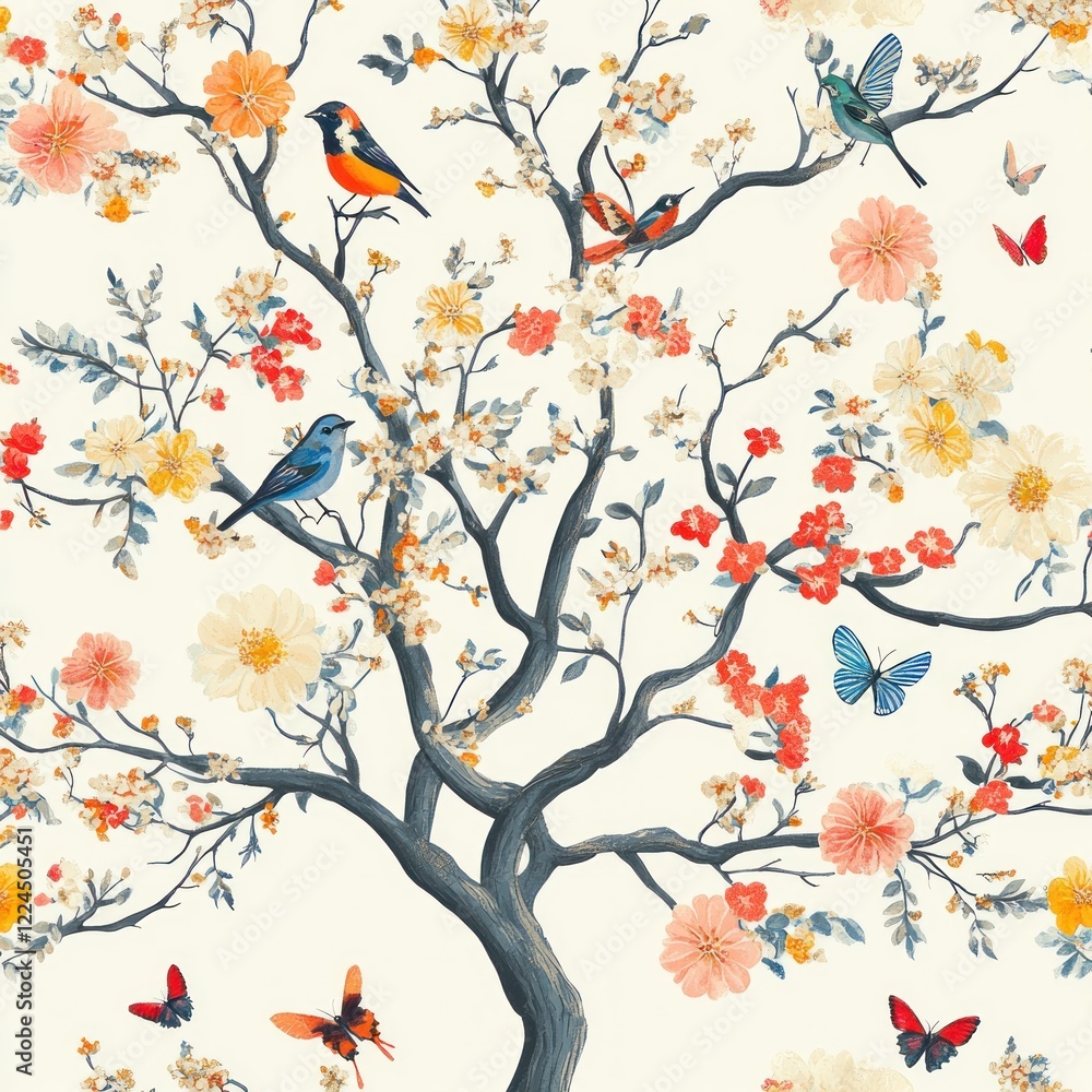 custom made wallpaper toronto digitalBlooming tree, birds, butterflies, spring, nature, design, background, wallpaper