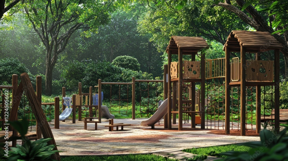 Children's wooden playground in lush forest Children's wooden playground in lush forest