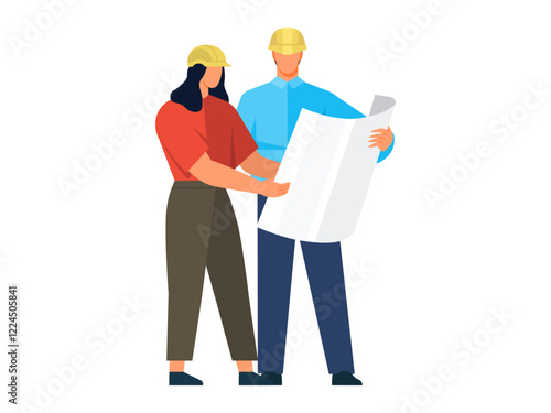 Two engineers with helmets examining a large blueprint. The man wears a blue shirt and dark pants, while the woman wears an orange shirt and green pants. Ideal for teamwork, construction projects